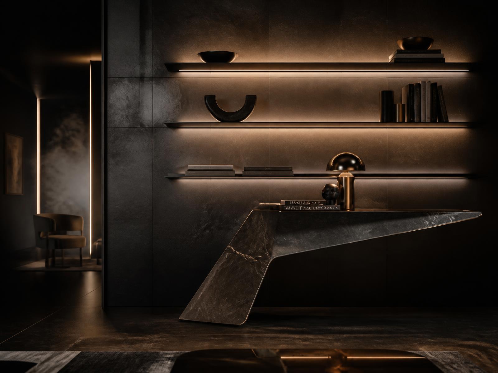 Dark modern interior with backlit floating shelves and a sculptural marble console